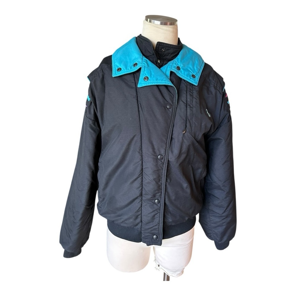 VTG Roffe Ski Snow Jacket Black teal 80s 90s Made In USA Womens M/L Bomber